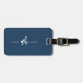 Navy Blue Modern Monogram Script Initials Gepäckanhänger (Vorderseite horizontal)
