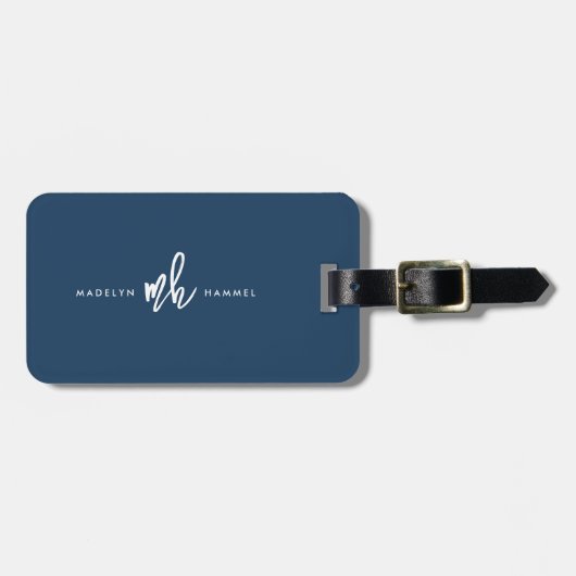 Navy Blue Modern Monogram Script Initials Gepäckanhänger (Vorderseite horizontal)