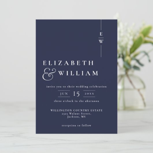 Navy Blue Modern Monogram Wedding QR Code Einladung (Stehend Vorderseite)
