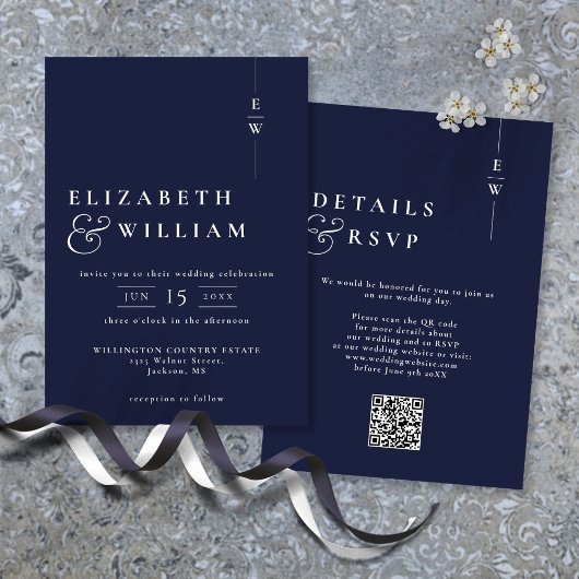 Navy Blue Modern Monogram Wedding QR Code Einladung