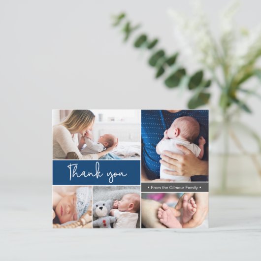 Navy Blue Modern Multi-Foto Danke, Script Postkarte (Stehend Vorderseite)