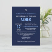 Navy Blue Modern Name Logo Bar Mitzvah Einladung (Stehend Vorderseite)