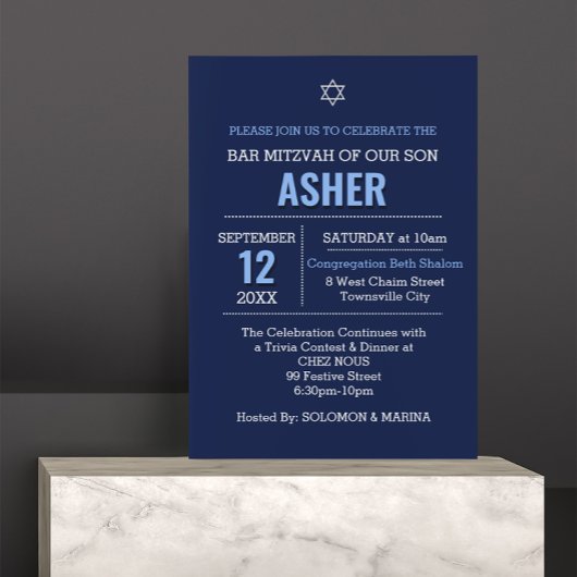 Navy Blue Modern Name Logo Bar Mitzvah Einladung