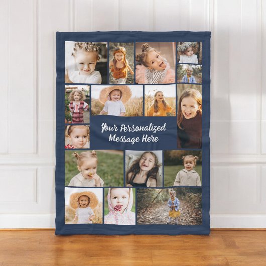Navy Blue Modern Personalisiert 16 Foto Collage Fleecedecke