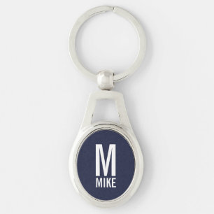 Navy Blue Modern Personalisiert Monogram und Name Schlüsselanhänger