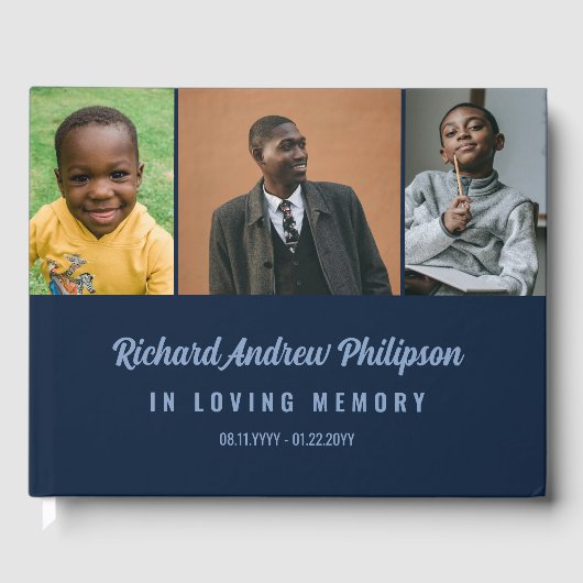 Navy Blue Modern Script 3 Fotos in Love Memory Gästebuch (Vorderseite)