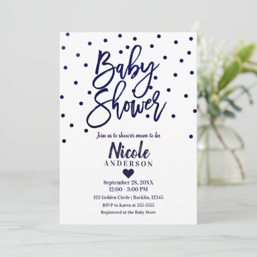 Navy Blue Modern Script Baby Dusche Confetti Einladung (Stehend Vorderseite)