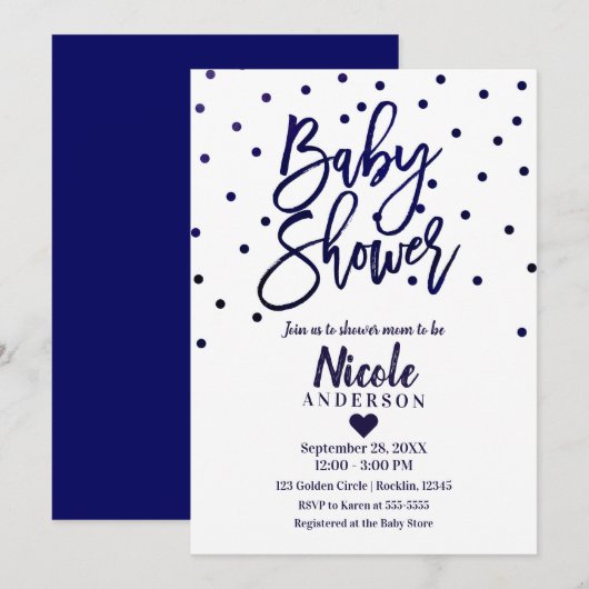 Navy Blue Modern Script Baby Dusche Confetti Einladung (Vorne/Hinten)