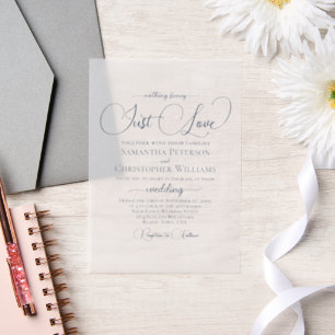 Navy Blue Modern Script Just Liebe Hochzeit Pergament Einladungen