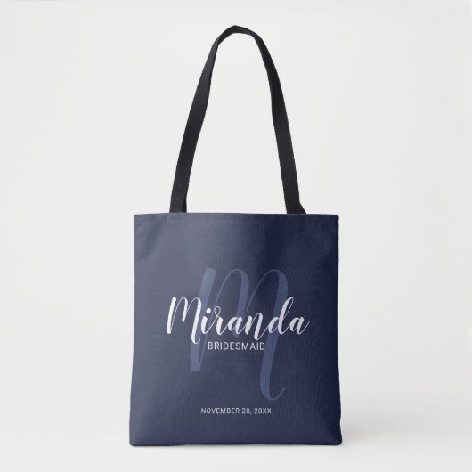 Navy Blue Modern Script Personalisiert Bridesmaier Tasche (Vorderseite)