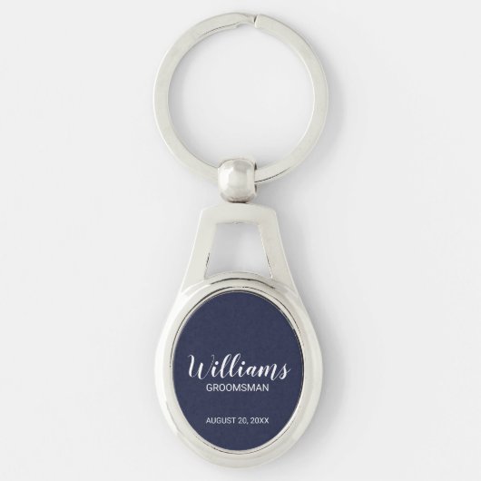 Navy Blue Modern Script Personalisiert Trauzeuge Schlüsselanhänger (Vorderseite)