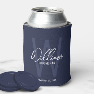 Navy Blue Modern Script Personalisierte Trauzeuge Dosenkühler