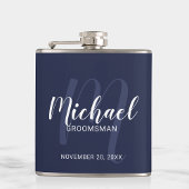 Navy Blue Modern Script Personalisierte Trauzeuge Flachmann
