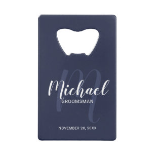 Navy Blue Modern Script Personalisierte Trauzeuge Geldbeutel Flaschenöffner