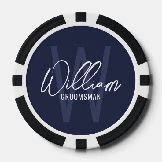 Navy Blue Modern Script Personalisierte Trauzeuge Pokerchips (Vorderseite)