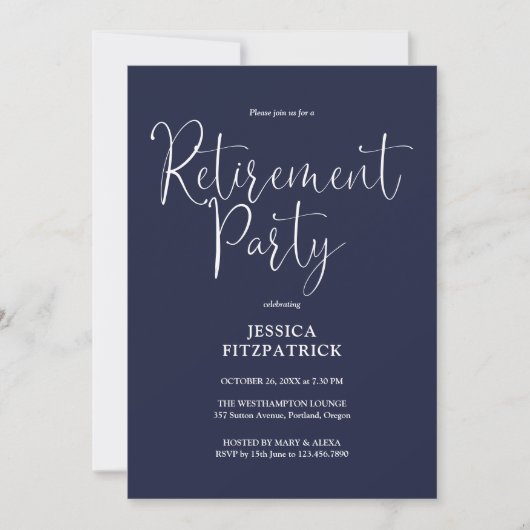 Navy Blue Modern Script Retirement Party Einladung (Vorderseite)