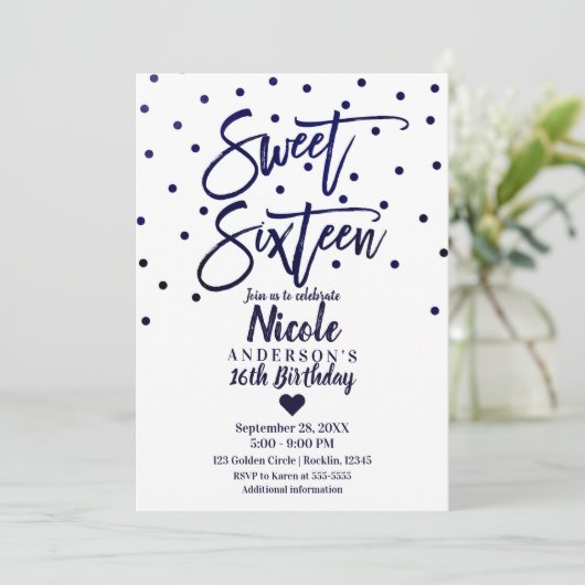 Navy Blue Modern Script Sweet 16 Sechzehn Einladung (Stehend Vorderseite)