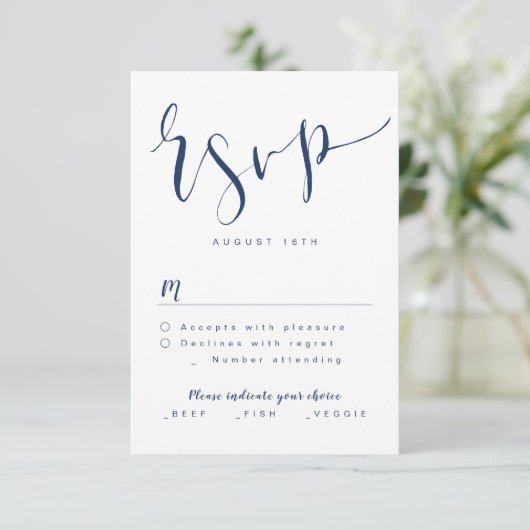 Navy Blue Modern Simple Script Hochzeit RSVP (Stehend Vorderseite)