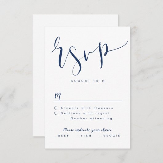 Navy Blue Modern Simple Script Hochzeit RSVP (Vorne/Hinten)