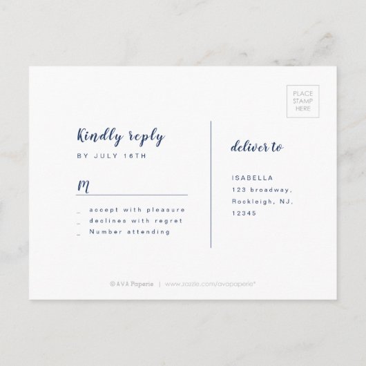 Navy Blue Modern Simple Script Hochzeit RSVP Einladungspostkarte (Rückseite)