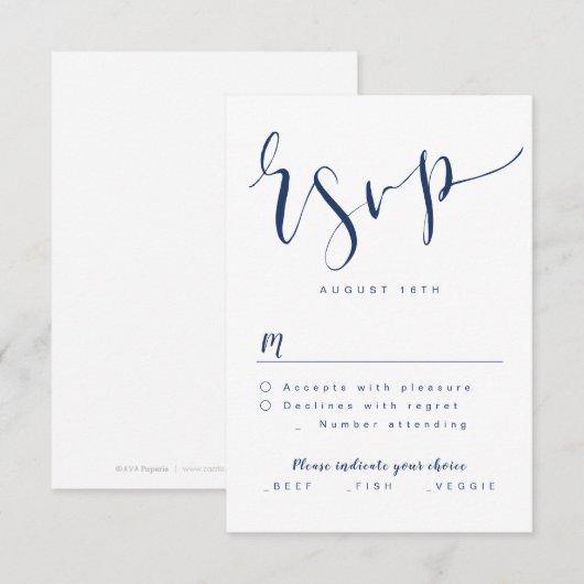 Navy Blue Modern Simple Script Hochzeit RSVP Karte (Vorne/Hinten)