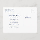 Navy Blue Modern Simple Script Save the Date Ankündigungspostkarte (Rückseite)
