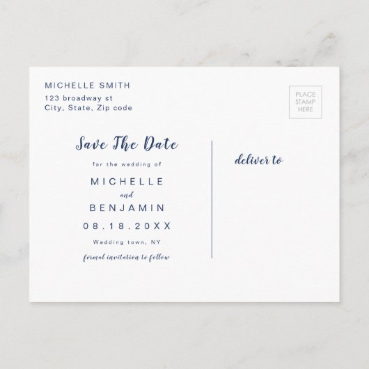 Navy Blue Modern Simple Script Save the Date Ankündigungspostkarte (Rückseite)