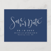 Navy Blue Modern Simple Script Save the Date Ankündigungspostkarte (Vorderseite)