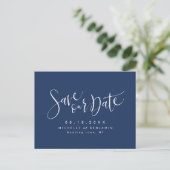 Navy Blue Modern Simple Script Save the Date Ankündigungspostkarte (Stehend Vorderseite)