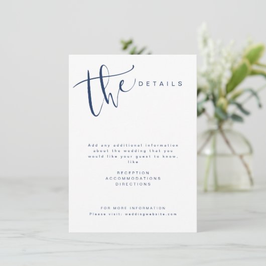 Navy Blue Modern Simple Script Wedding Details Begleitkarte (Stehend Vorderseite)