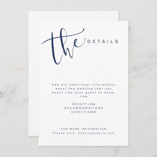 Navy Blue Modern Simple Script Wedding Details Begleitkarte (Vorne/Hinten)