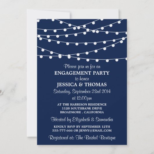 Navy Blue Modern String Lights Engagement Party Einladung (Vorderseite)