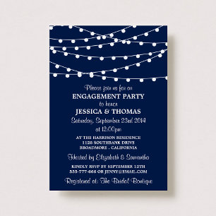 Navy Blue Modern String Lights Engagement Party Einladung