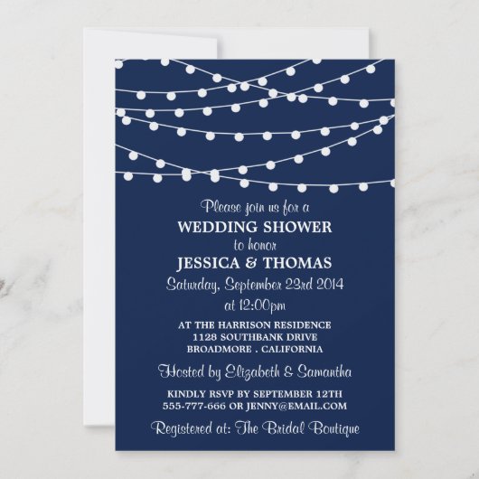 Navy Blue Modern String Lights Polterabend Einladung (Vorderseite)
