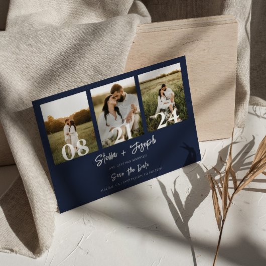 Navy Blue Modern Three Fotos Collage Chic Wedding Save The Date