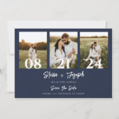 Navy Blue Modern Three Photos Collage Chic Wedding Save The Date (Vorderseite)