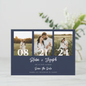Navy Blue Modern Three Photos Collage Chic Wedding Save The Date (Stehend Vorderseite)