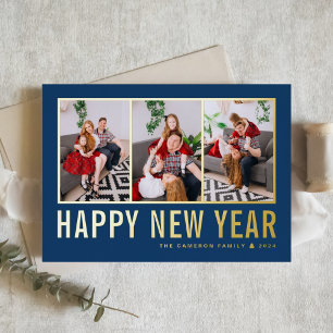 Navy Blue Modern Typografy Foto Collage New Year Folien Feiertagskarte