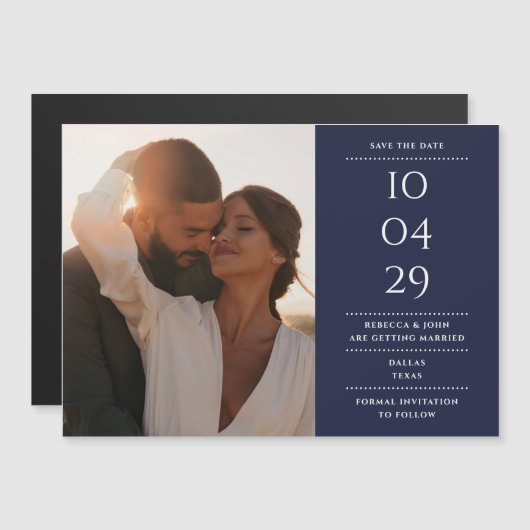 Navy Blue Modern Wedding Foto Save the Date Magneteinladung (Vorne/Hinten)