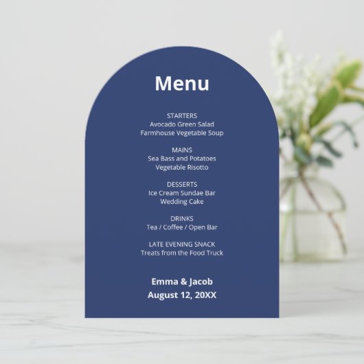 Navy Blue Modern Wedding Menu Card Einladung (Stehend Vorderseite)
