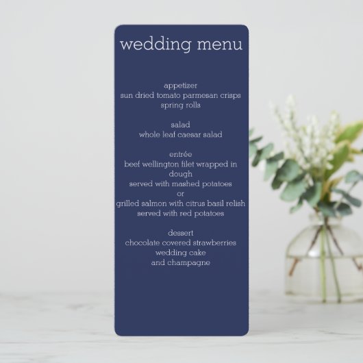 Navy Blue Modern Wedding Menu Menükarte (Stehend Vorderseite)
