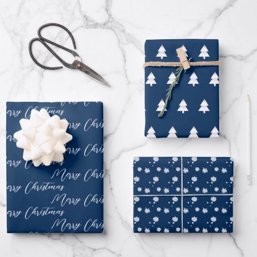 Navy Blue & Modern White Christmas Tree Geschenkpapier Set (Vorderseite)