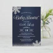 Navy Blue Modern Winter Snowflakes Babydusche Einladung (Stehend Vorderseite)