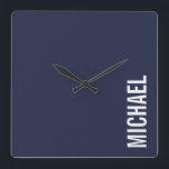 Navy Blue Moderner Minimalistischer Personalisiert Quadratische Wanduhr<br><div class="desc">Modernes Minimalistisches Design mit personalisiertem Namen in weißem,  modernem,  fett- Sans Serif Schriftart Stil auf marineblau Hintergrund.</div>