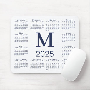 Navy Blue Monogram 2025 Kalender auf Weiß Mousepad