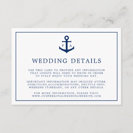 Navy Blue Monogram Anchor Nautical Wedding Begleitkarte (Vorderseite)