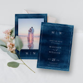 Navy Blue Monogram & Border Elegantes Foto Save The Date