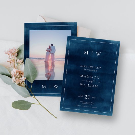 Navy Blue Monogram & Border Elegantes Foto Save The Date