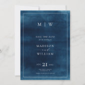 Navy Blue Monogram & Border Elegantes Foto Save The Date (Vorderseite)