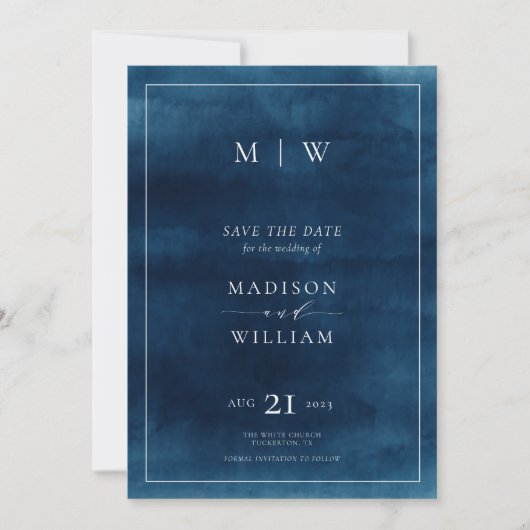 Navy Blue Monogram & Border Elegantes Foto Save The Date (Vorderseite)